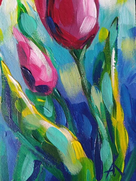 Spring - flowers, tulips artylic, acrylic painting,  flowers, still life, flowers of tulips, flowers acrylic