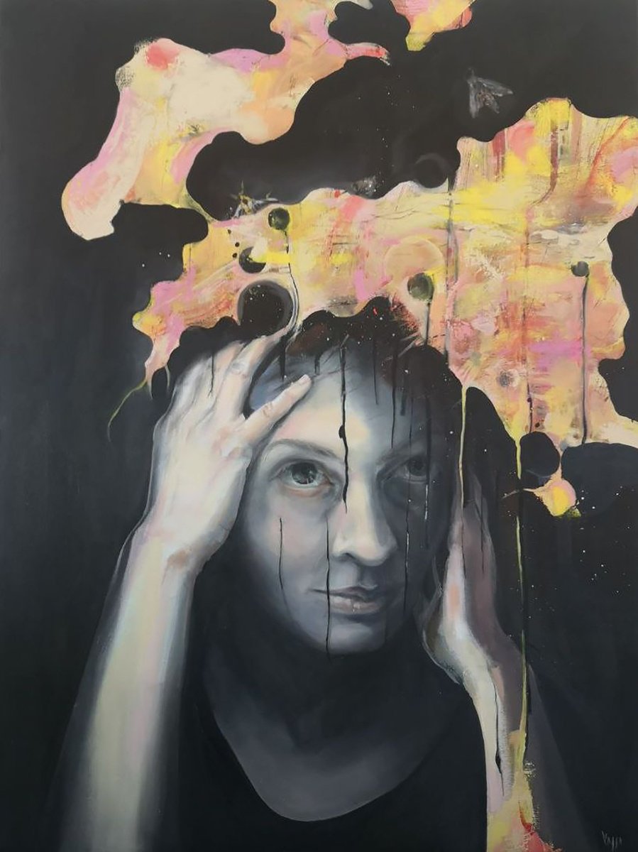 Surrealistic Portrait Painting By Vassa Ponomarjova, 28 X 35", Tired Consciousness Of A Naive Mind, Original Artwork