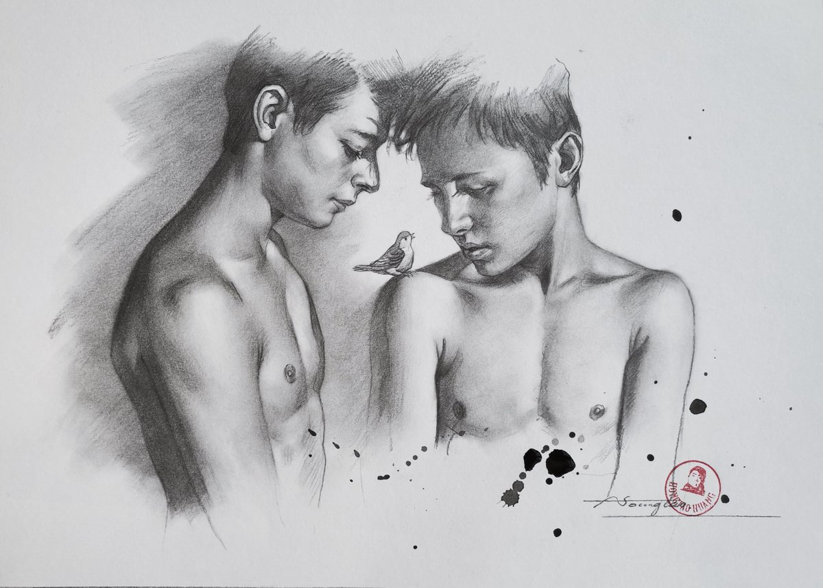 Typographic Portrait Pencil Drawing By Hongtao Huang, 11 X 7, Men And Bird#21831, Original Artwork