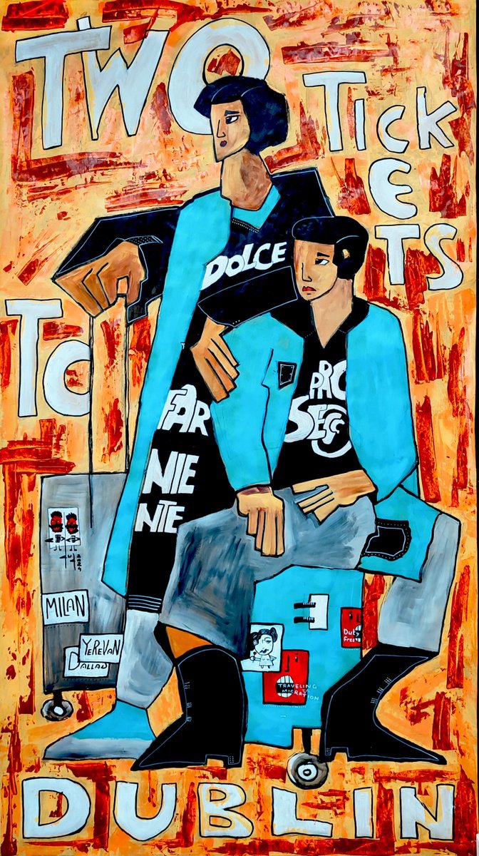 Urban And Pop Portrait Acrylic Painting By Gurgen Arutunyan, 33 X 59, Two Tickets To Dublin, Original Artwork