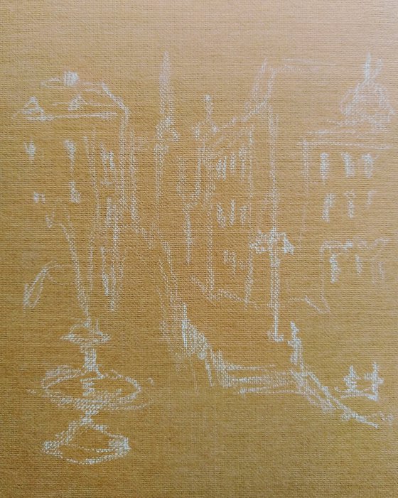 London. Sketch in graphite pencil on brown paper.