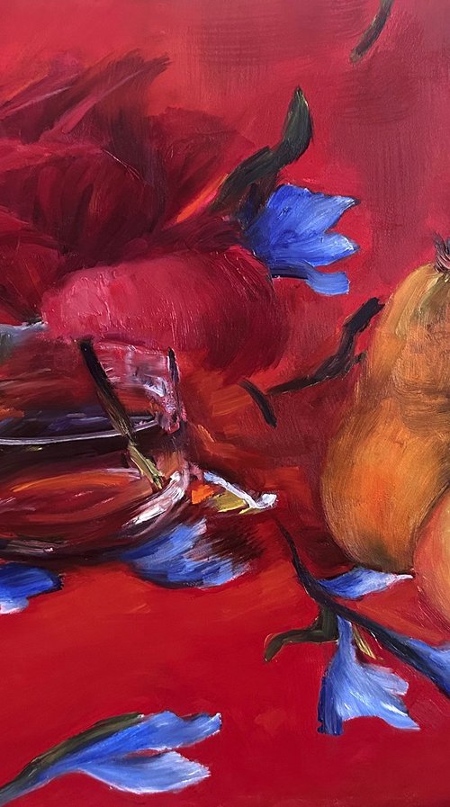 Persimmons on red by Irina Sherbiak