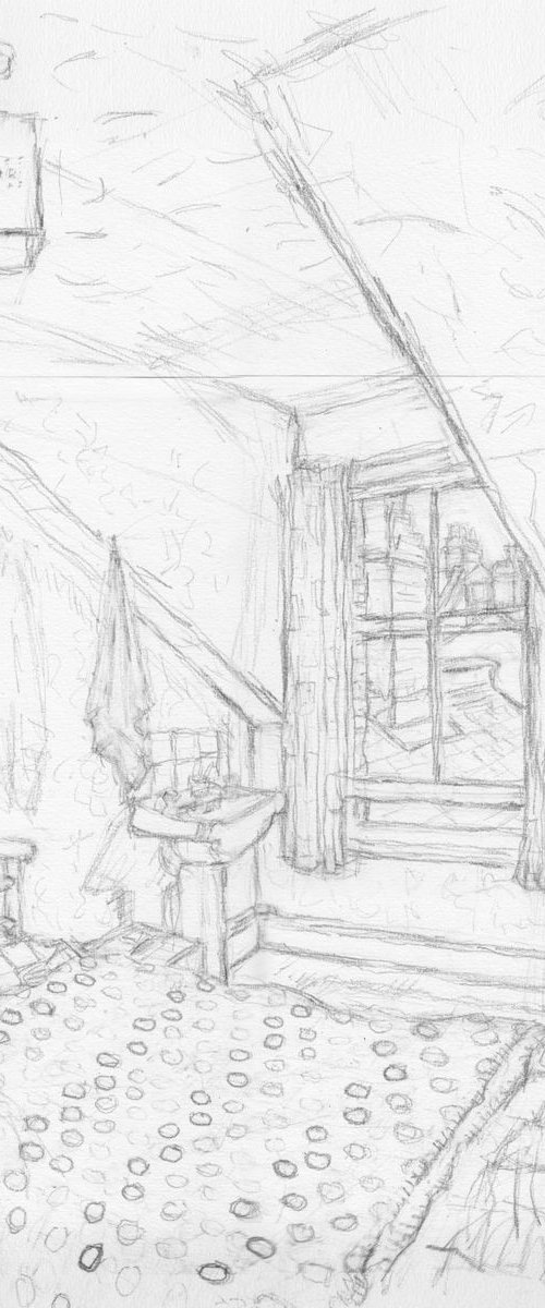 Room 6 - Sunday morning -pencil drawing by Hugo Lines