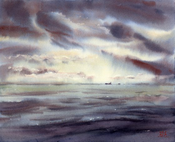 Watercolor seascape, Sky and ocean, Atmospheric painting