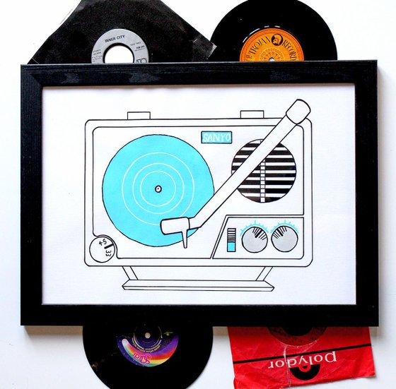 Retro Record Player Pop Art Painting On Unframed A3 Paper