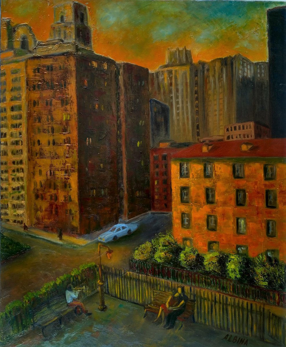 Impressionistic Cityscapes Oil Painting By Albina Urbanek, 20 X 24, In The Light Of The Lamp, Original Artwork