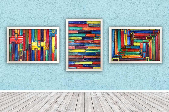 "We Can Do It" - Save As Series + FREE USA SHIPPING - Original Xt Large PMS Abstract Triptych Oil Paintings On Recycled Wood - 108" x 40"