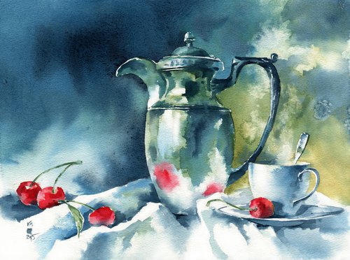 "Summer still life with cherries" - original watercolor artwork by Ksenia Selianko