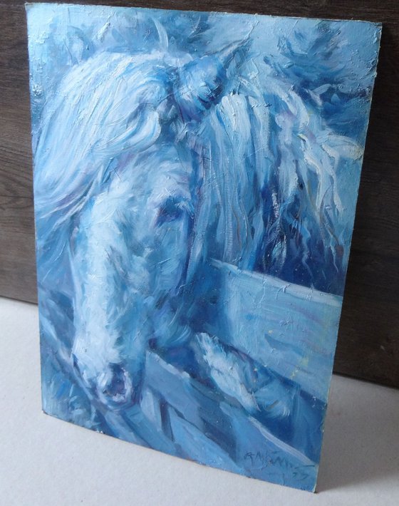 "Horse in Blue.". Oil painting on cardboard.27x38cm