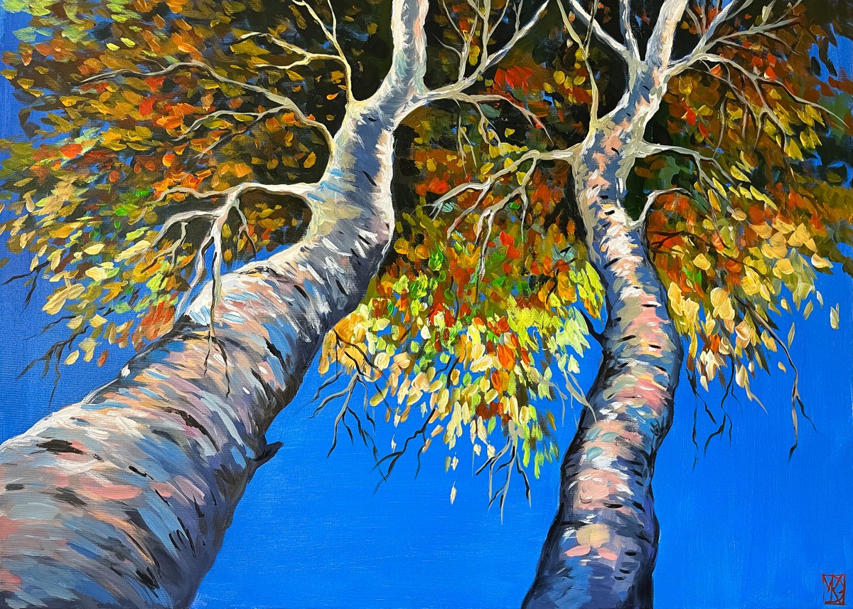 Impressionistic Landscape Acrylic Painting By Maria Kireev, 39 X 28", Leaves In The Sky, Original Artwork
