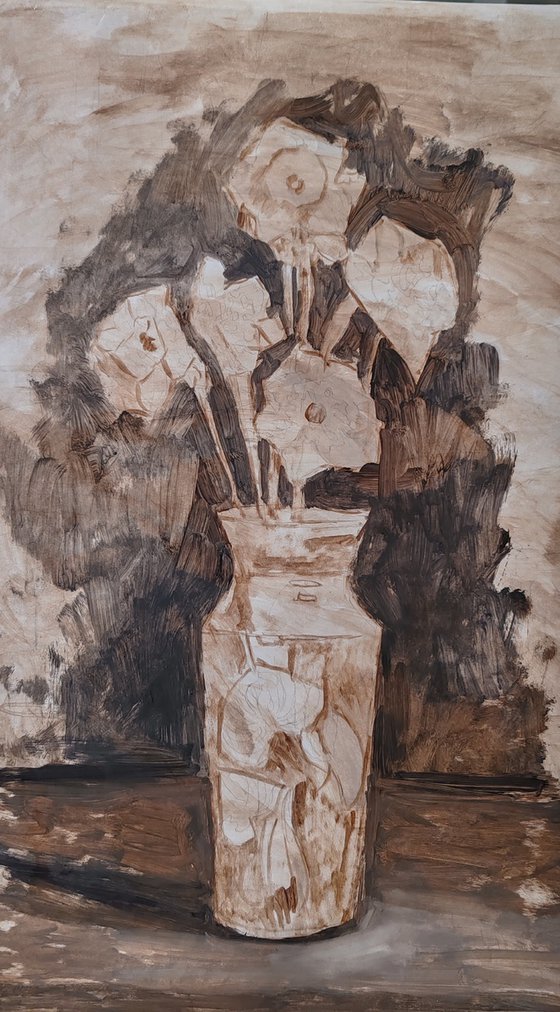 Five daffodils in a dark vase