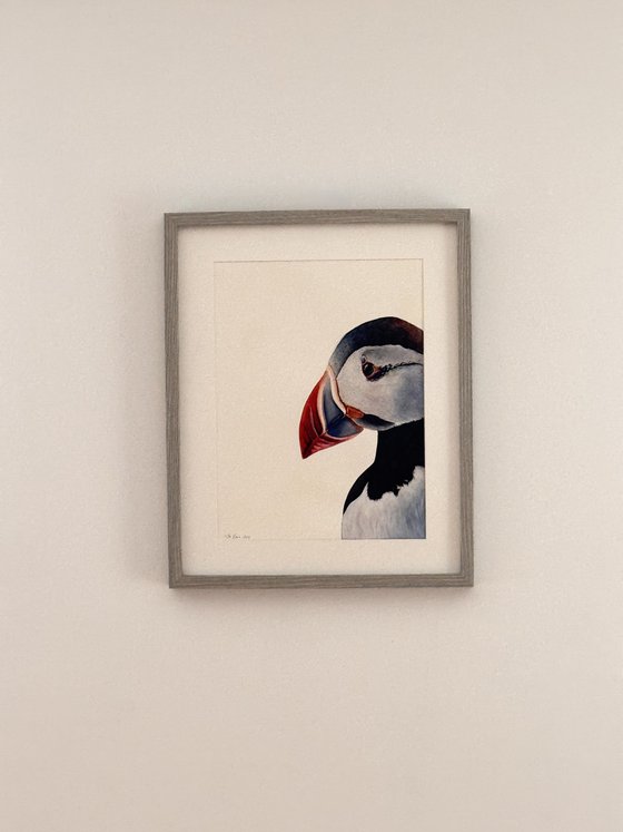Atlantic Watcher Puffin Watercolour Painting