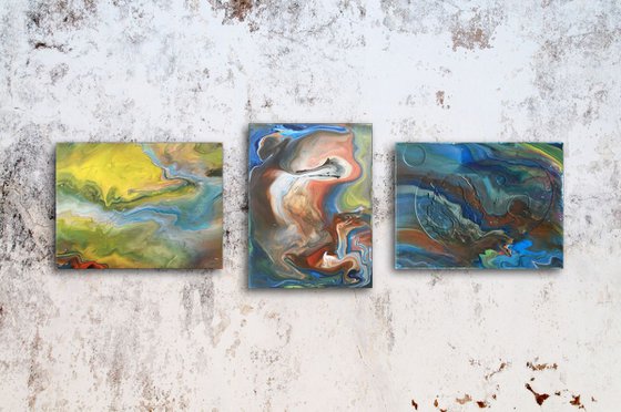 "Waterworks" - FREE USA SHIPPING - Original Triptych, Abstract PMS Acrylic Paintings Series - 33" x 12"