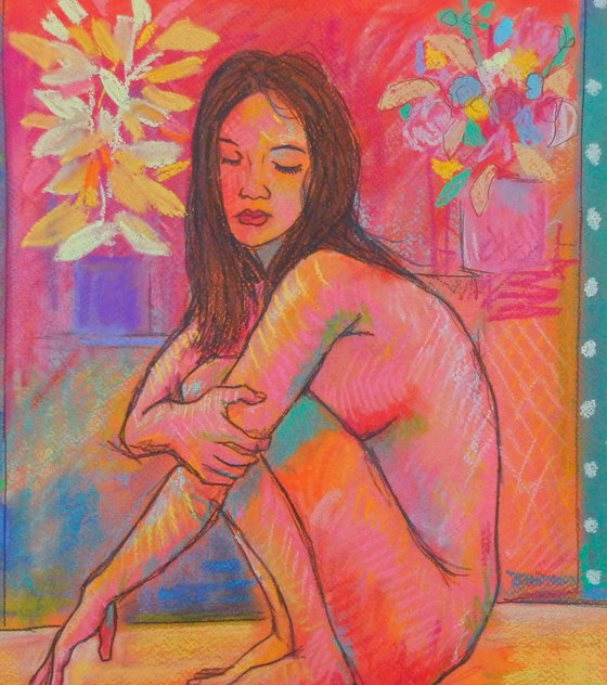 Female Nude In Pastel Seated Female Model Figure Study Life Drawing Gesture Study