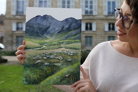 Herding sheep, Mont Blanc - Original Watercolor Painting