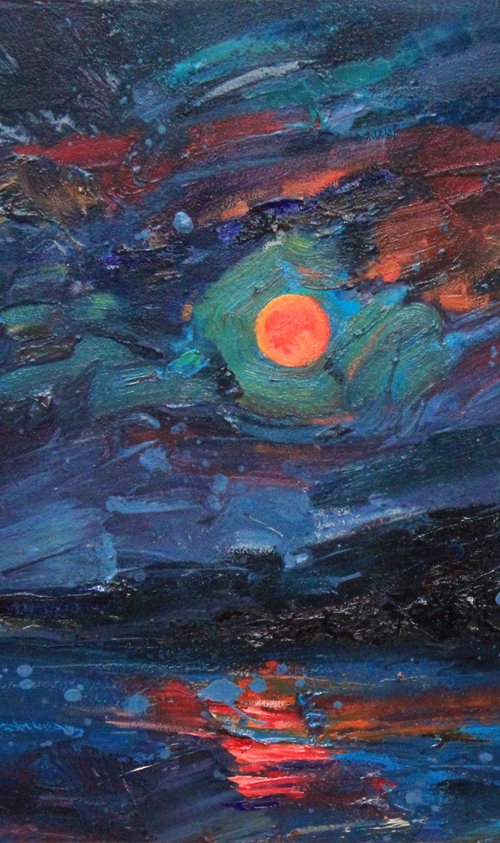 Red moon time night in the bay. Moon and clouds seascape by Alisa Onipchenko-Cherniakovska