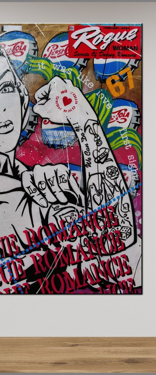 Rosie Romancing 120cm x 150cm Rosie The Riveter Textured Urban Pop Art by Franko