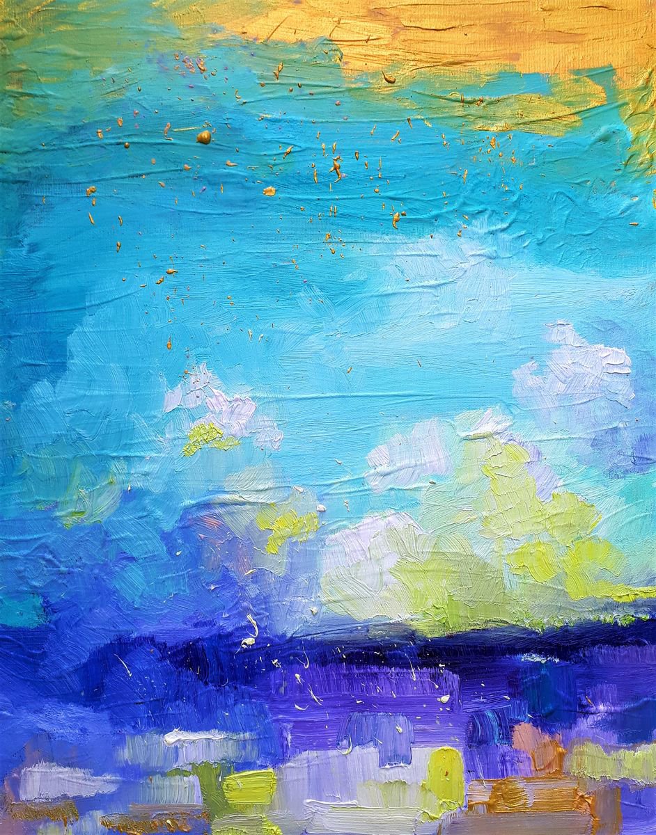 Turquoise and gold sky (50x60cm) by Simon Tnde
