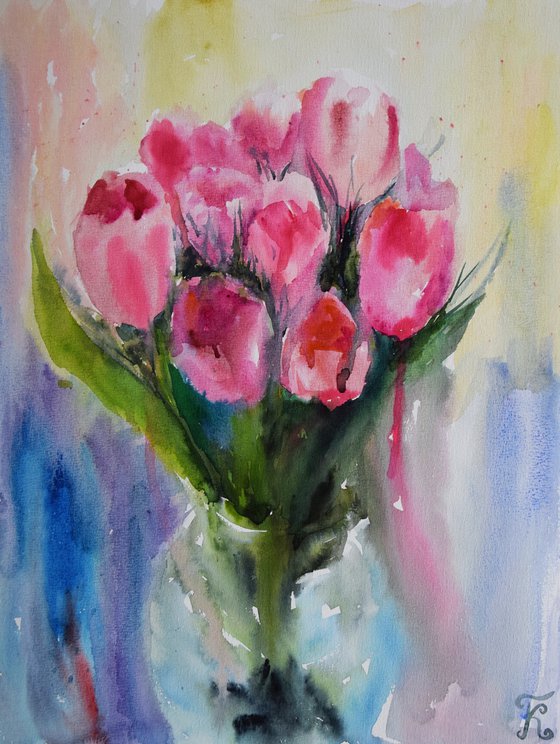 Pink tulips watercolor painting, flower wall art, floral bouquet gift for her