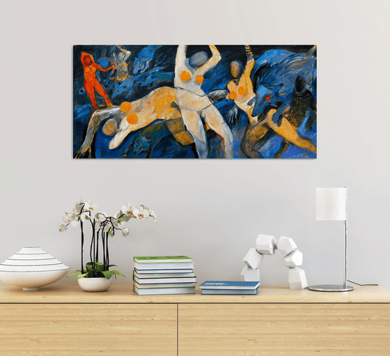 VILKTAKIS - indigo, blue and orange painting with wolves and people inspired by a Lithuanian myth