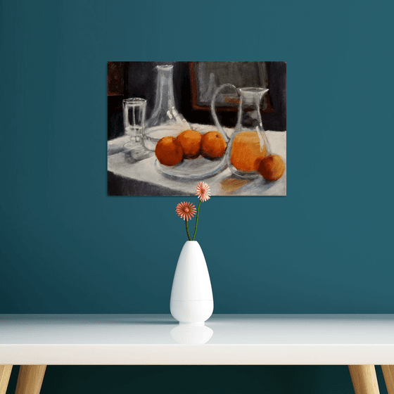 Still life with Glassware and Oranges
