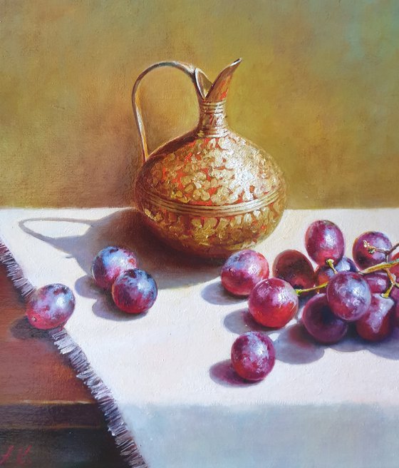 "Still life with grapes and an old brass jug." still life grapes old brass jug summer  liGHt original painting  GIFT (2020)