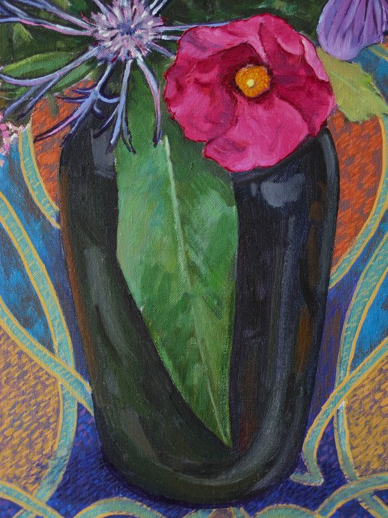 Mixed Flowers in a Green Vase