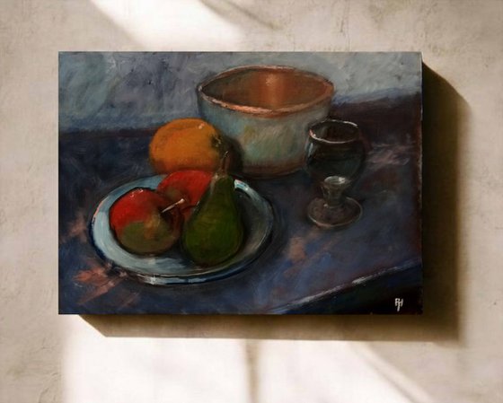 Still life with the old copper bowl