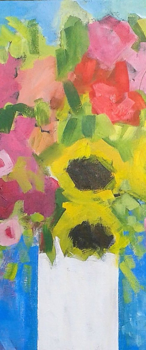 Mixed Summer Flowers in a White Vase by Jan Rippingham