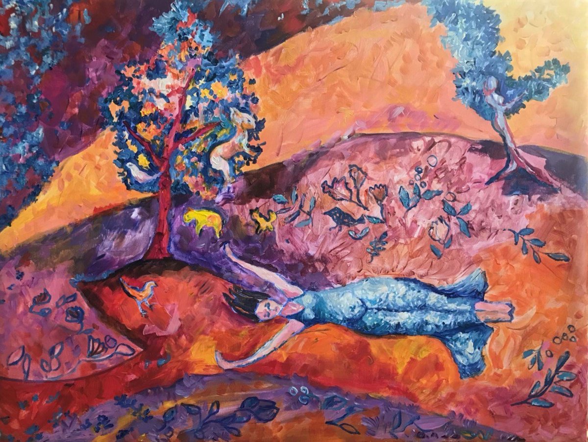 Abstract Landscape Acrylic Painting By Tetiana Pchelnykova, 31 X 24", Lying In The Grass, Original Artwork