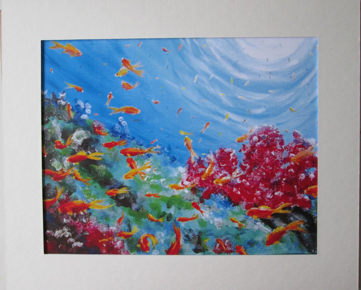 Impressionistic Landscape Print By Marjansart, 10 X 7", Coral Reef And Fishes - Print, Original Artwork