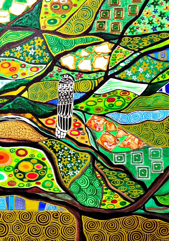 Green abstract painting Tree of life. Large abstract wall art