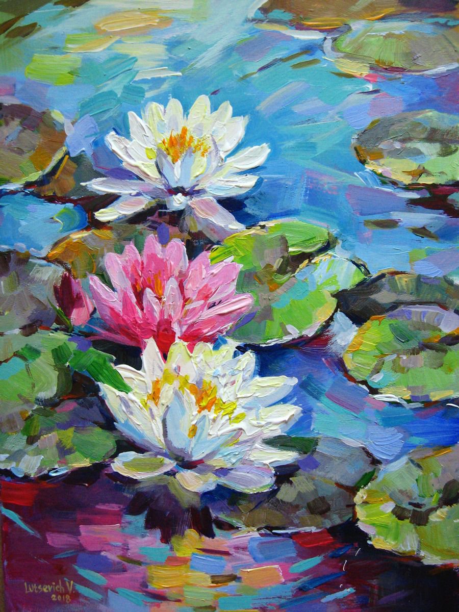 Impressionistic Botanical Acrylic Painting By Vladimir Lutsevich, 14 X 19", Water Lilies On The Dnieper-2, Original Artwork