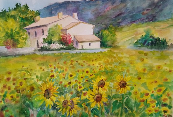 Sunflower field - Landscape - Watercolor