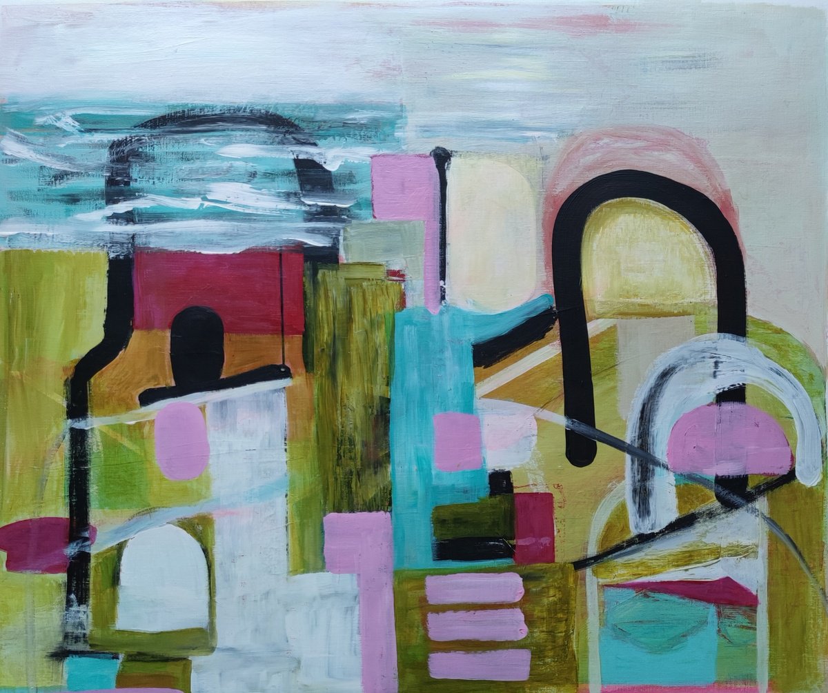 Organic Abstract Painting By Chrissy Guest, 28 X 24, Summer Holidays Remembered, Original Artwork