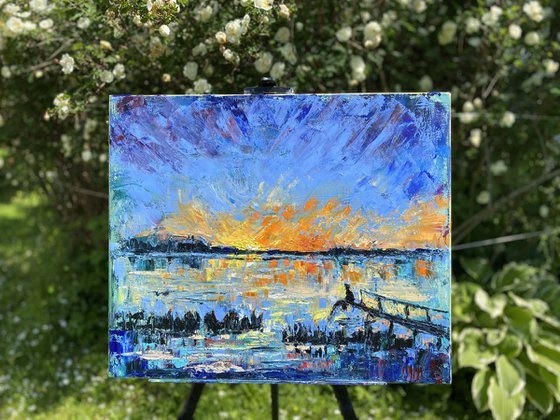 Sunset - You are never alone, 50*60cm, impressionistic landscape oil painting in orange and blue ultramarine