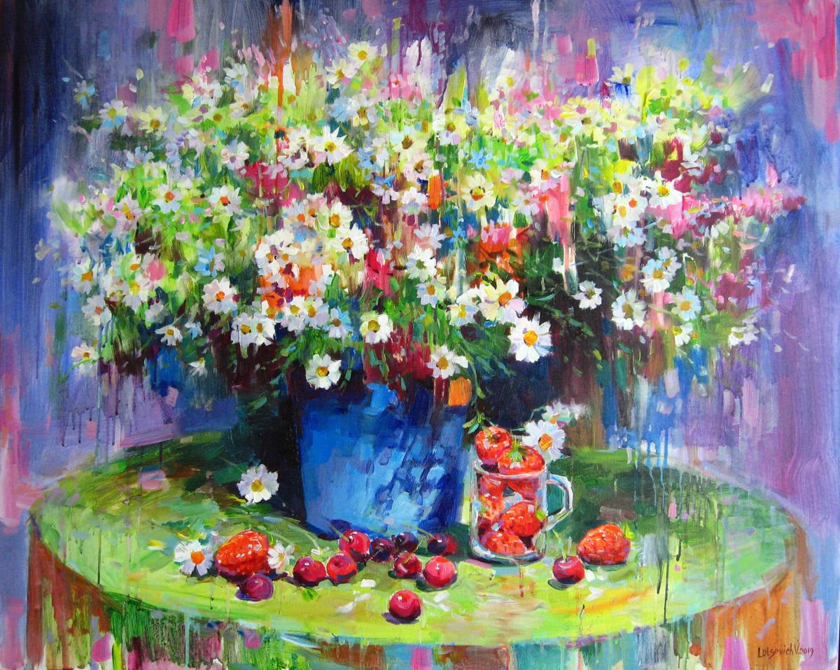 Impressionistic Botanical Acrylic Painting By Vladimir Lutsevich, 33 X 28", Summer Bouquet, Original Artwork