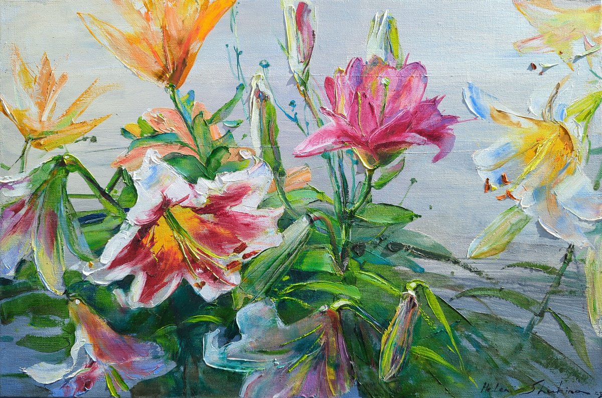 Impressionistic Botanical Oil Painting By Helen Shukina, 24 X 16, Lilies On Silver, Original Artwork
