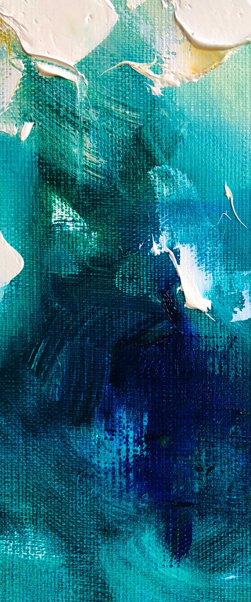 CASTLE IN THE SEA FOG - Sea abstraction. Dark. Mystical. Sea Storm. Flowers. Peony. Hand Painted. Large strokes. Gradient. Emerland. by Marina Skromova