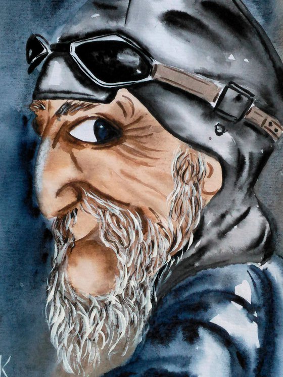 Pilot Painting Aviator Original Art Old Man Watercolor Portrait Artwork Small Home Wall Art 8 by 12" by Halyna Kirichenko