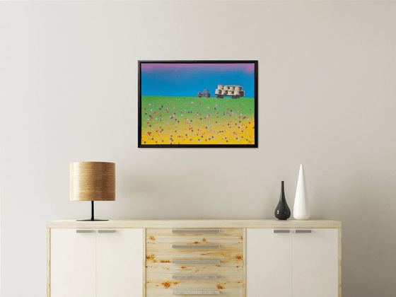 "Alchemist of the Land (Yellow)" - Abstract / Impressionist Landscape meadow painted with spray paint in a pop art / banksy graffiti style with gold paint and vibrant colours.