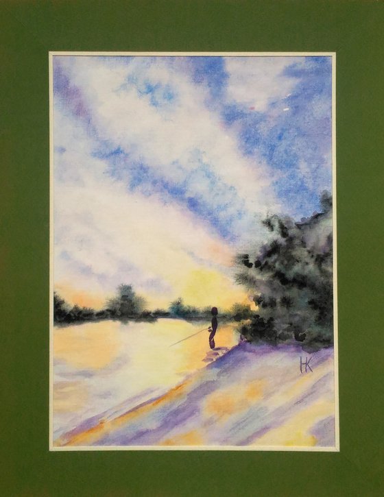 Fishing Painting Riverside Original Art Fisherman Small Watercolor River Plein Air Artwork Landscape Wall Art 8 by 12" by Halyna Kirichenko