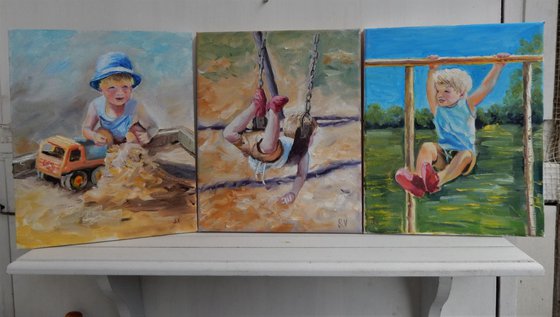 On the swings. The series of paintings "Playing kids"