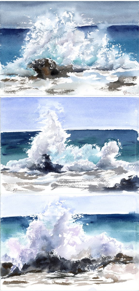 Impressionistic Watercolour , Wave Crash On Rock - Triptych By Olga Tchefranov (Shefranov), 10 X 21, Artwork For Sale On Artfinder