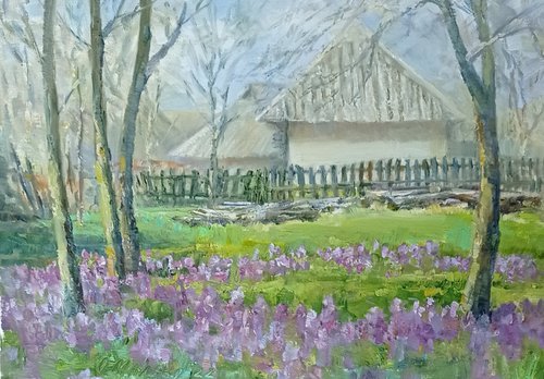 Spring flowers at an old yard / Original picture Plain air painting Oil on paper Ukrainian landscape by Olha Malko