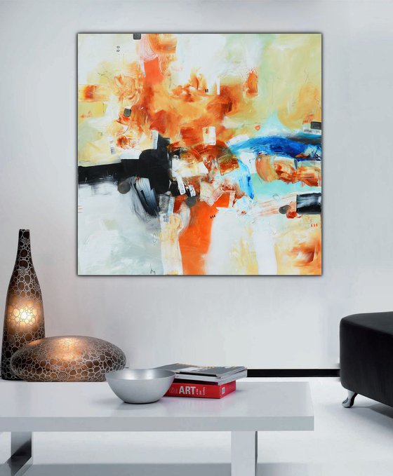 Abstract painting - The path to somewhere - Original white, blue and orange painting