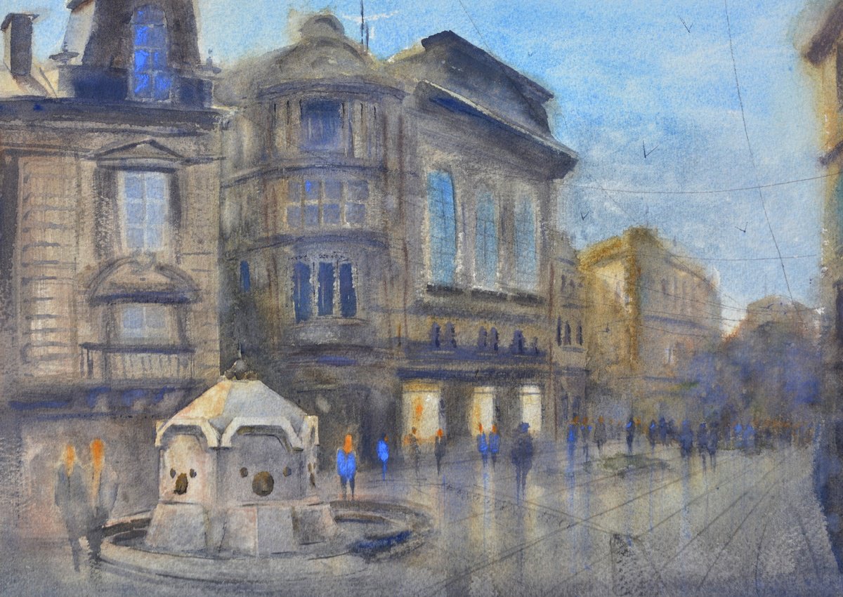 Almost Dark Knez Mihajlova Beograd 25x36 cm 2022 by Nenad Kojic watercolorist