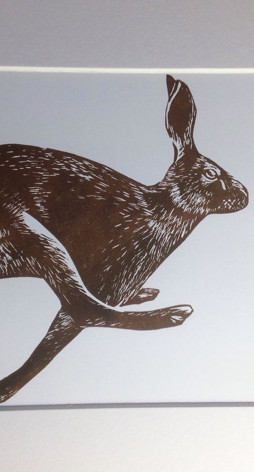 Running Hare Linocut, Printed in Brown, Mounted by Alex Jabore
