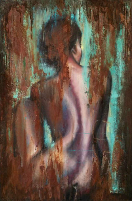 "Rusty beauty I" 80x120x2cm. Original mixed media  large painting on fabric,ready to hang by Elena Kraft