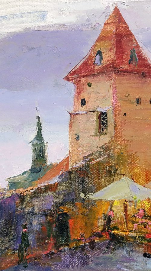 Ancient castle in Bardejov. Slovakia . Original plain air oil painting by Helen Shukina